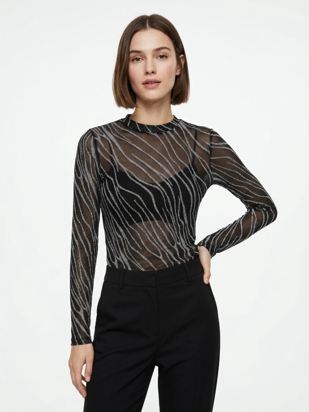 H&M Sheer Metallic Stripe Top – Black/Silver, Size Small